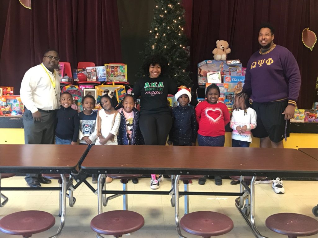 Ten ASU Greek Life organizations collected 200 toys for children attending Sylvandale Academy. Bernard Goins, Greek Life Coordinator (left), Erin Baugh, member of Alpha Kappa Alpha Sorority (center), and Douglas Turner, member of Omega Psi Phi Fraternity (right), delivered the items to the elementary school. The toy drive was hosted by the Greek President’s Council. This is the first year of the toy drive.
